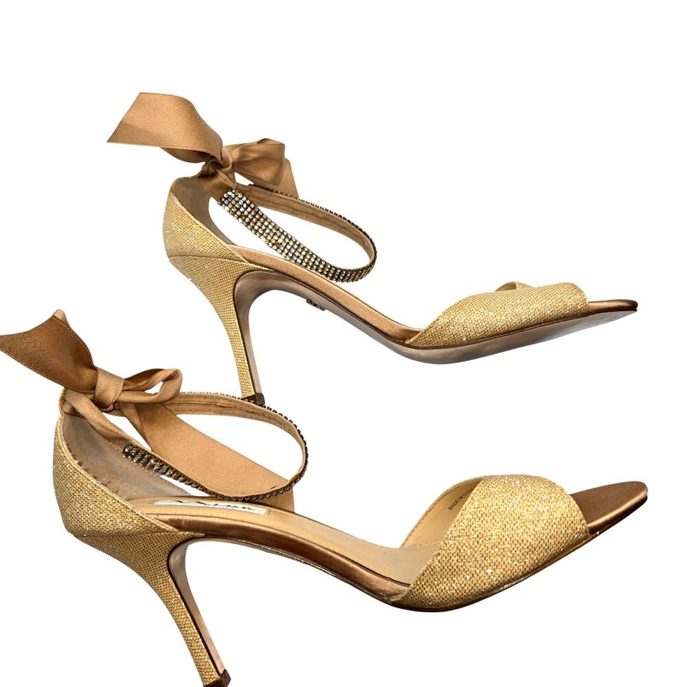 Nina 8 Gold Ribbon Bows Women's Sandal Shoe 3 1/2 Inch High Heel Sparkel - Picture 4 of 8